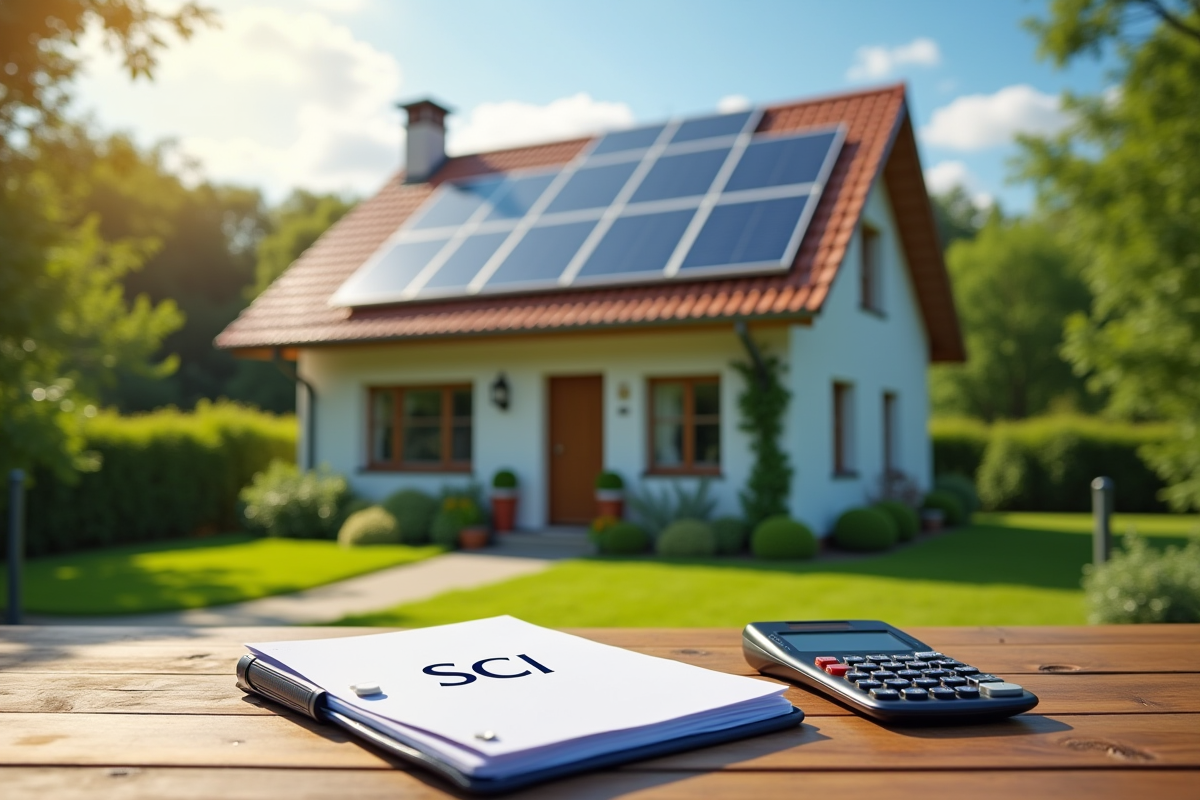 Maison renovée avec panneaux solaires et un dossier SCI sur la table