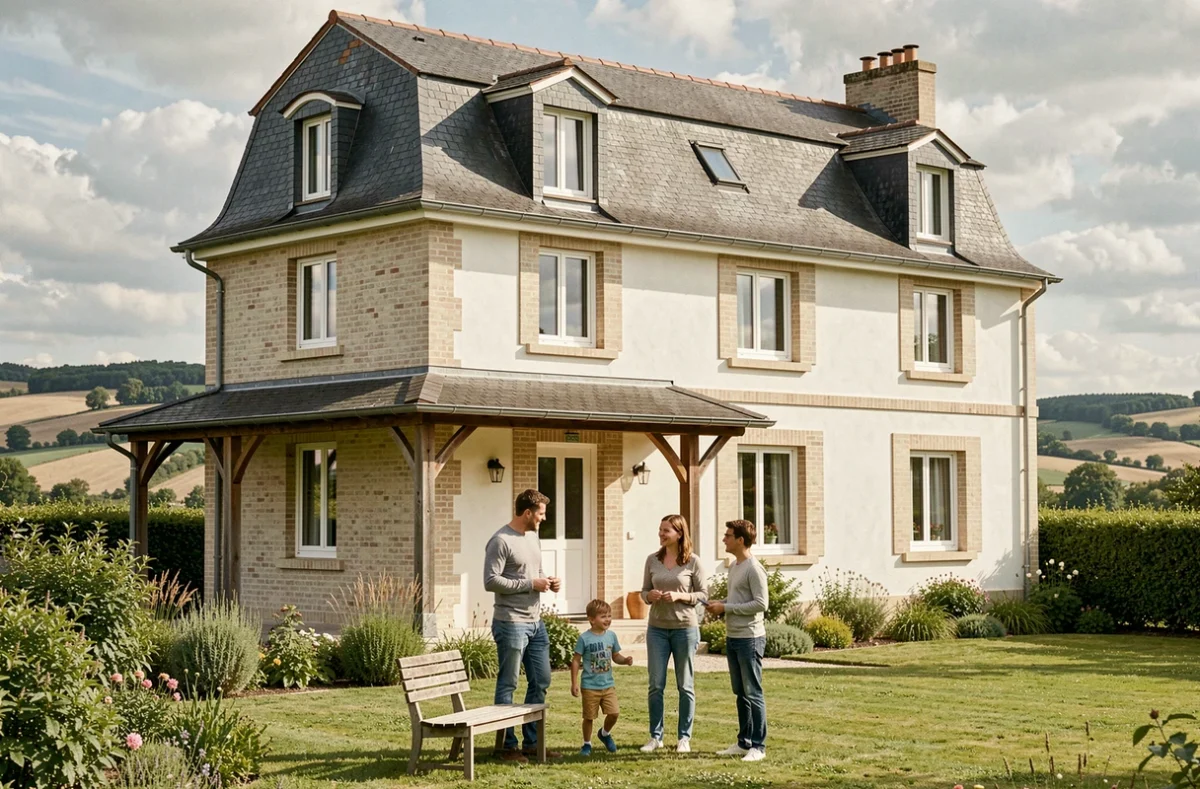 Maison familiale Loire construite par Maisons Axial Loire à Saint-Étienne, pavillon deux étages en brique claire avec toit ardoise et famille dans le jardin