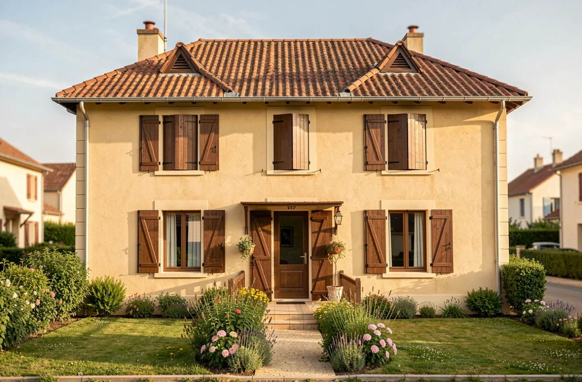 Maison de style provincial français construite par Babeau Seguin dans la Vienne avec volets bruns