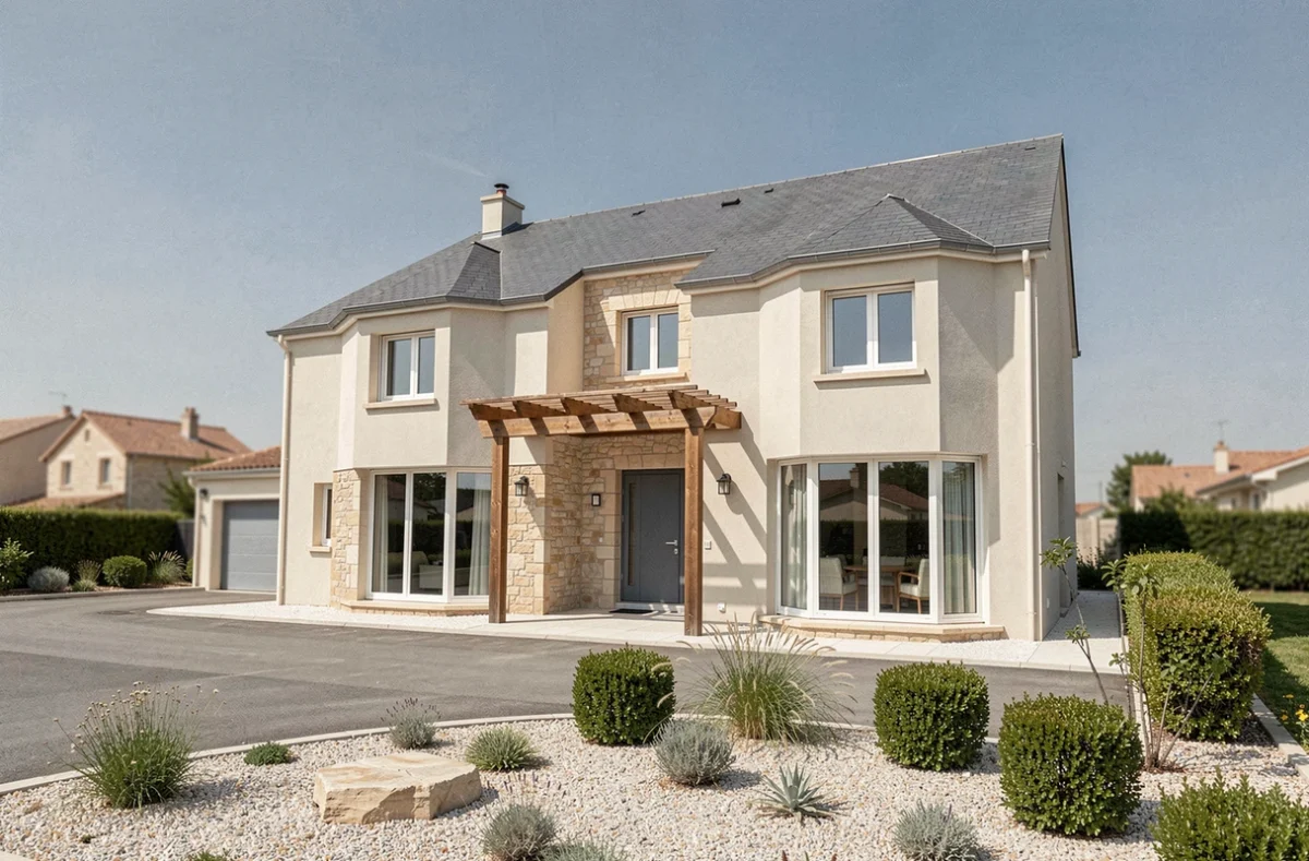 Maison contemporaine Maisons Défi avec grande baie vitrée, pergola en bois et jardin en gravier, représentative des constructions dans le sud de la France