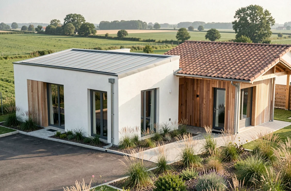 Maison individuelle moderne avec bardage bois et toiture zinc construite par Ericlor dans la Vienne