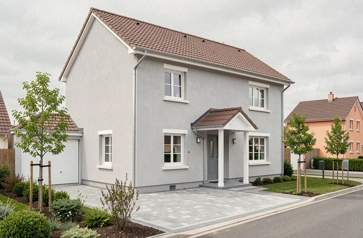 Maison individuelle standard réalisée par Maisons France Confort, avec façade gris clair, toiture en tuiles, porche d'entrée et jardin pavillonnaire soigné en banlieue française