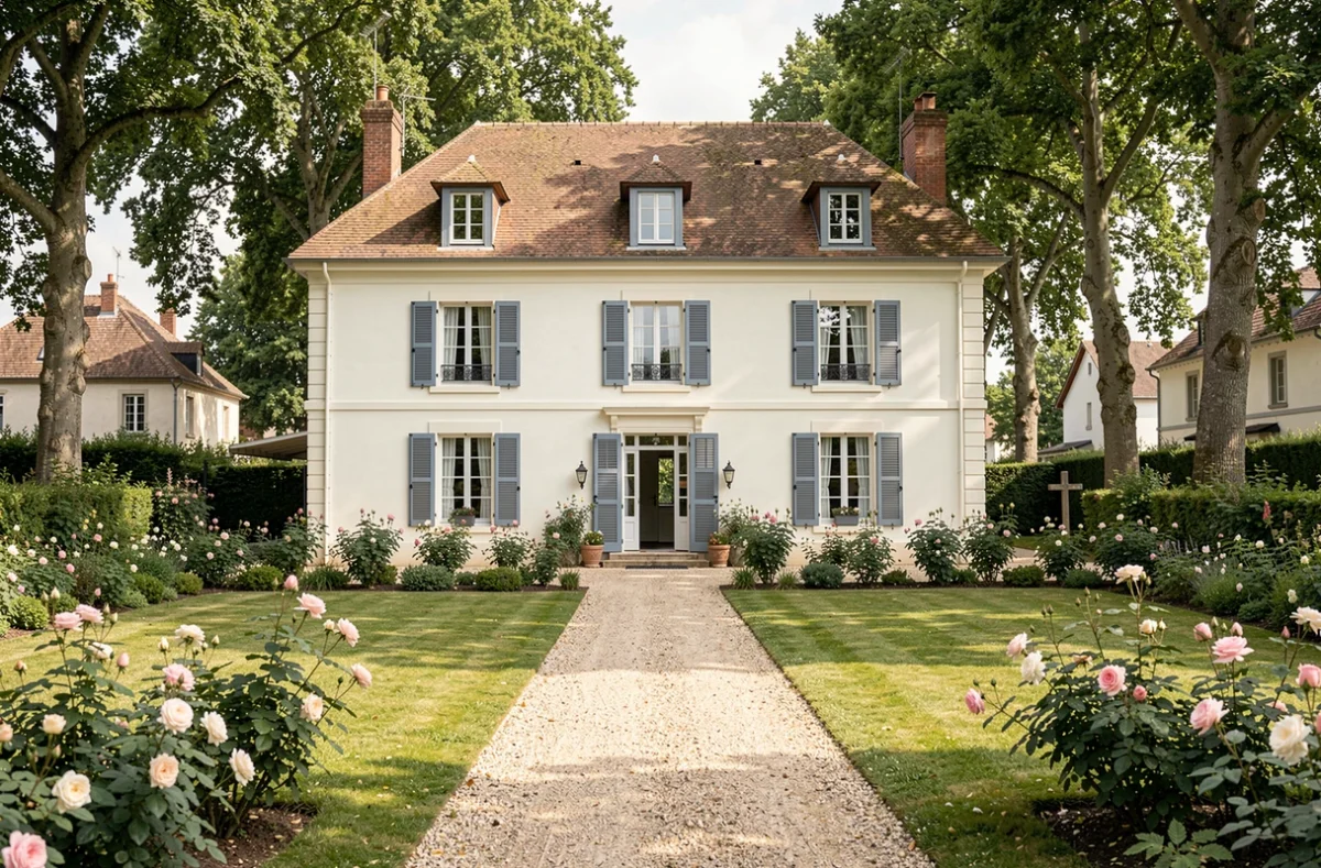 Grande maison familiale France Confort avec façade crème et volets bleu-gris dans la Vienne