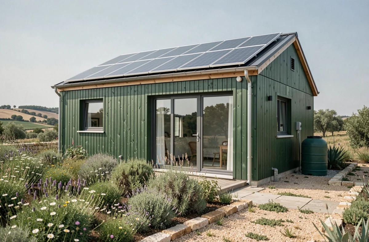 Maison écologique à haute performance énergétique réalisée par Maisons Vertes de l'Aude et du Roussillon, avec panneaux solaires, jardin de plantes locales et menuiseries triple vitrage