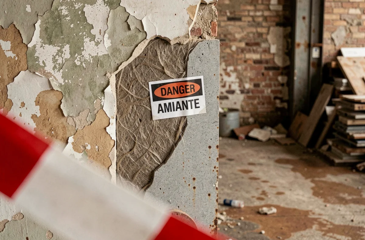 Détail de matériaux amiantés avec étiquette danger amiante dans un bâtiment industriel abandonné