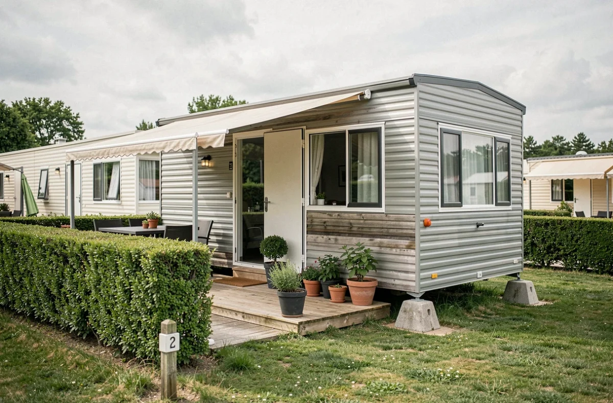 Mobil-home moderne installé sur un terrain de camping résidentiel en France, encadré par la loi ALUR 2026