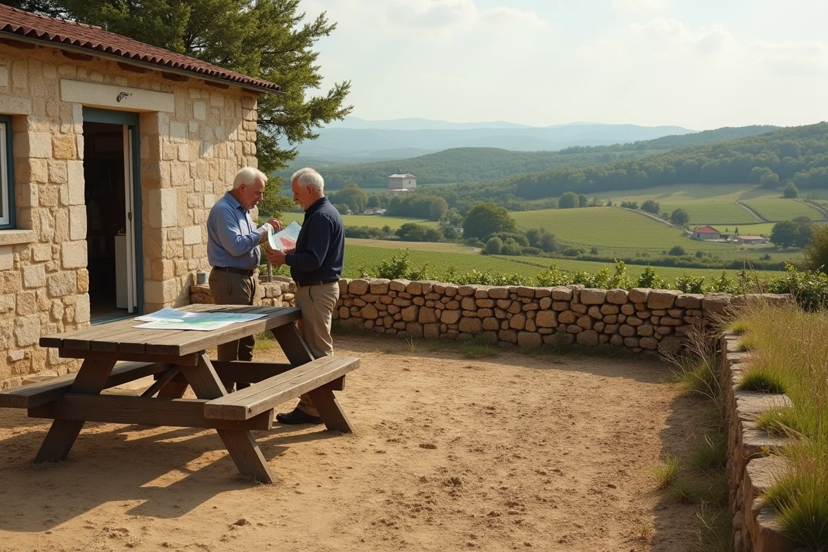 Couple de propriétaires consultant un plan local d'urbanisme devant un mobil home installé sur terrain agricole privé