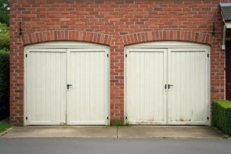 Mur mitoyen séparant deux garages de maisons mitoyennes en brique dans un quartier résidentiel