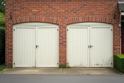 Mur mitoyen séparant deux garages de maisons mitoyennes en brique dans un quartier résidentiel