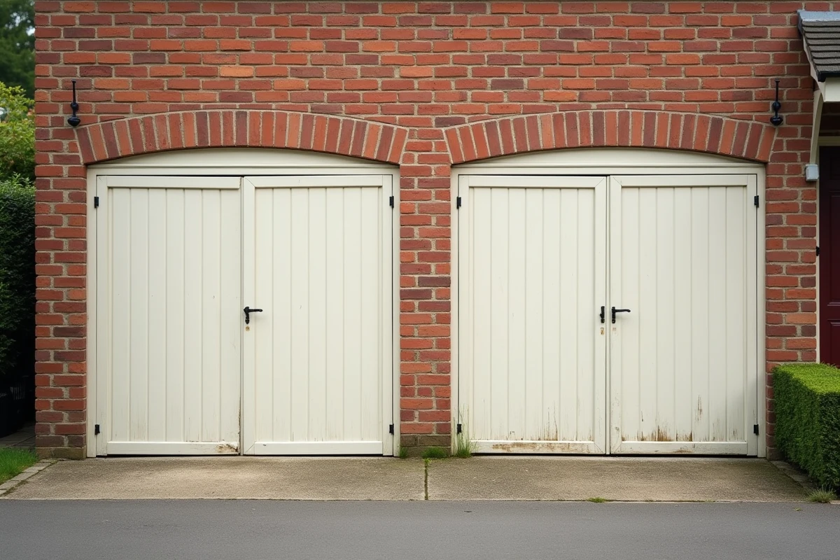 Mur mitoyen séparant deux garages de maisons mitoyennes en brique dans un quartier résidentiel