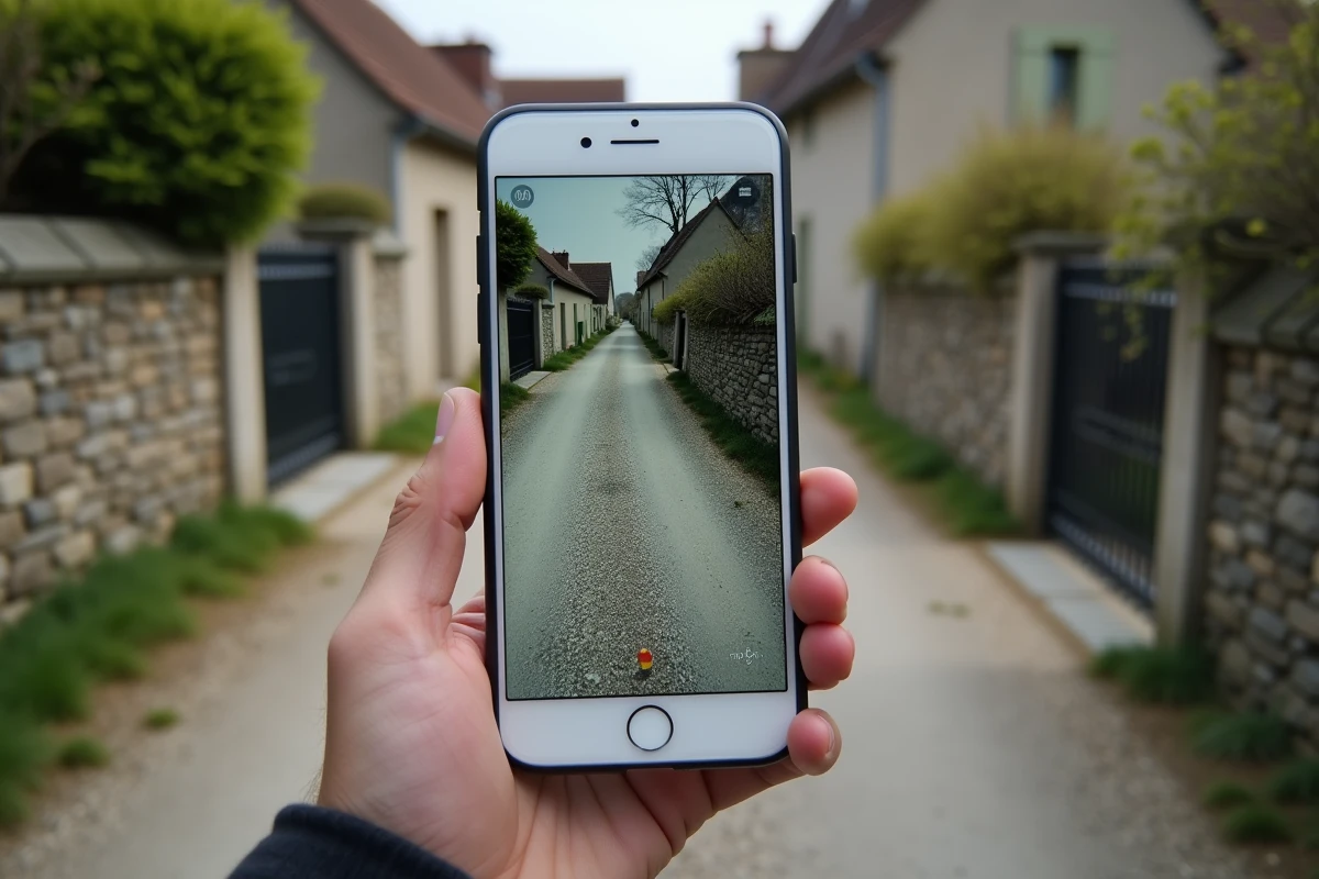 Homme utilisant une application de navigation sur smartphone pour localiser une impasse dans un village français