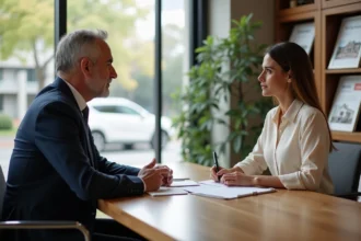Homme et femme en négociation dans un bureau immobilier