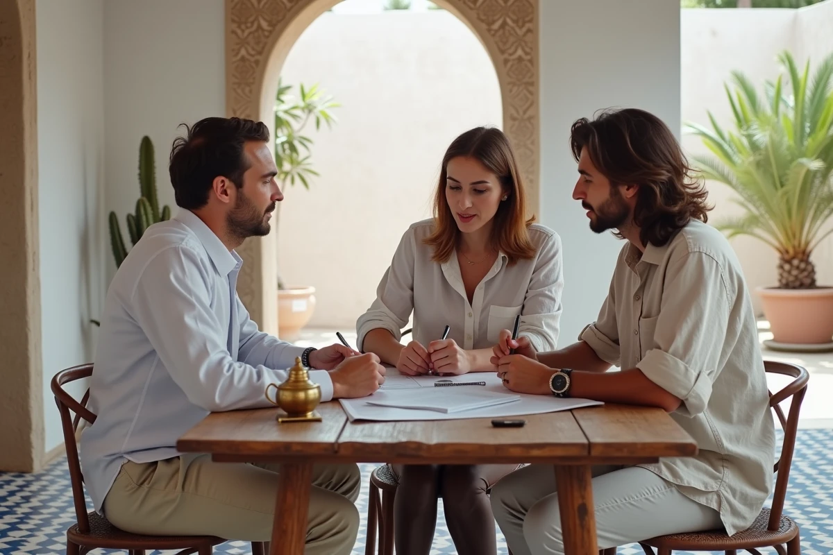 Couple de locataires discutant d'un contrat de location avec un propriétaire dans une maison traditionnelle d'Essaouira
