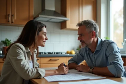 Locataire et propriétaire en train de négocier un loyer autour d'une table dans une cuisine française