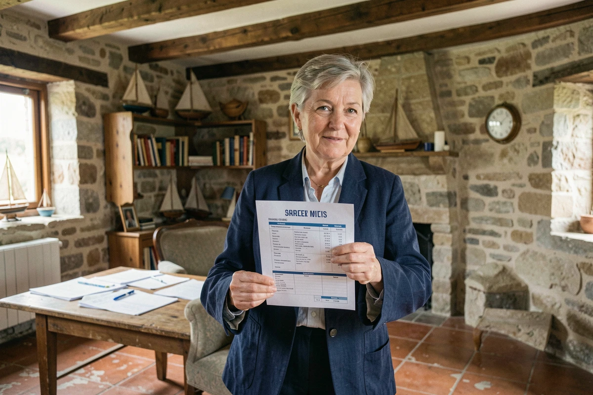 Femme en train de négocier le prix d'une maison de pêcheur bretonne avec des documents immobiliers