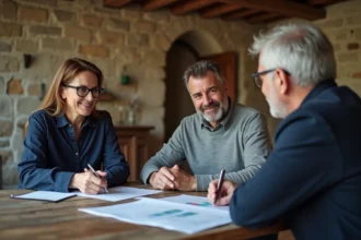 Couple en train de négocier le prix d'une maison en pierre bretonne avec un vendeur local autour d'une table en chêne