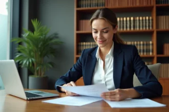 Notaire professionnelle analysant un rapport ERP sur son bureau dans une étude notariale moderne