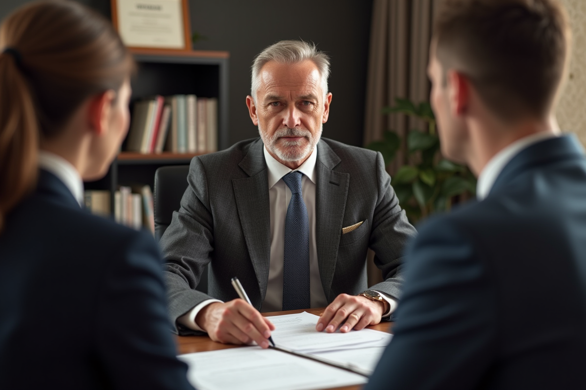 Notaire conseillant un jeune couple avec documents immobiliers dans un bureau professionnel