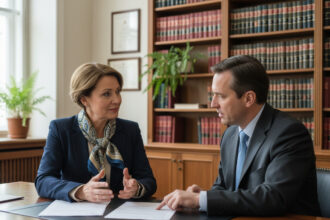 Femme d'âge moyen en blazer examinant des documents dans un bureau professionnel