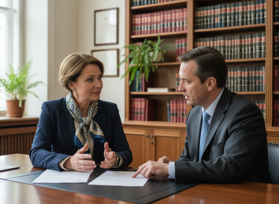 Femme d'âge moyen en blazer examinant des documents dans un bureau professionnel