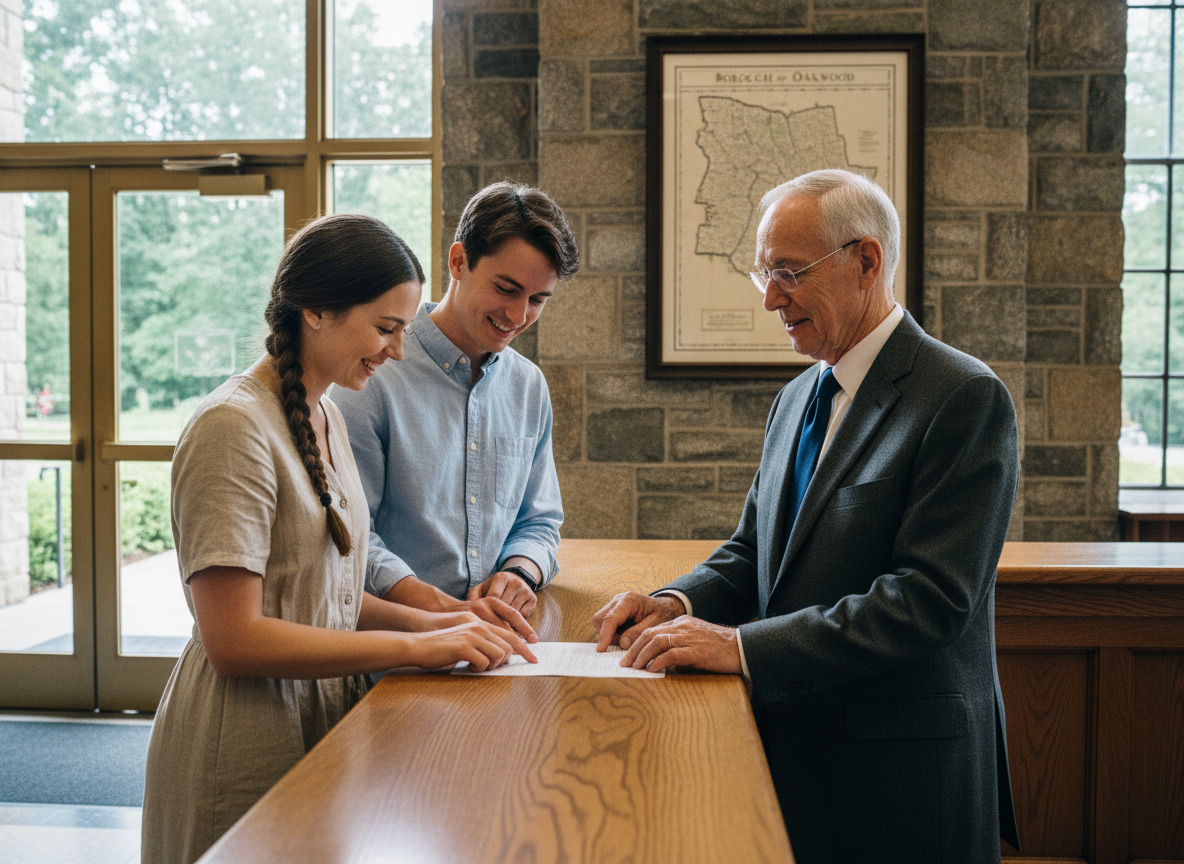 Notaire âgé avec un couple jeune dans une salle de mairie accueillante