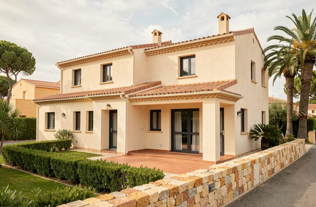Maison de style catalan construite par Oc Résidences à Perpignan, avec façade crépie claire, tuiles en terre cuite et jardin méditerranéen aménagé