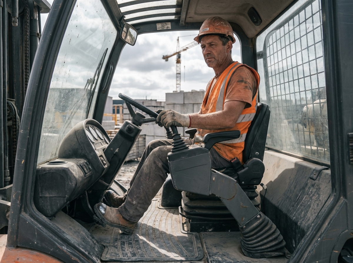Opérateur de chariot élévateur tout-terrain BTP en cabine avec gilet haute visibilité sur chantier