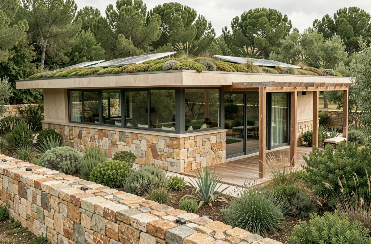 Maison bioclimatique Oxynat avec toit végétalisé, façade en pierre naturelle et grandes surfaces vitrées orientées plein sud dans un cadre méditerranéen