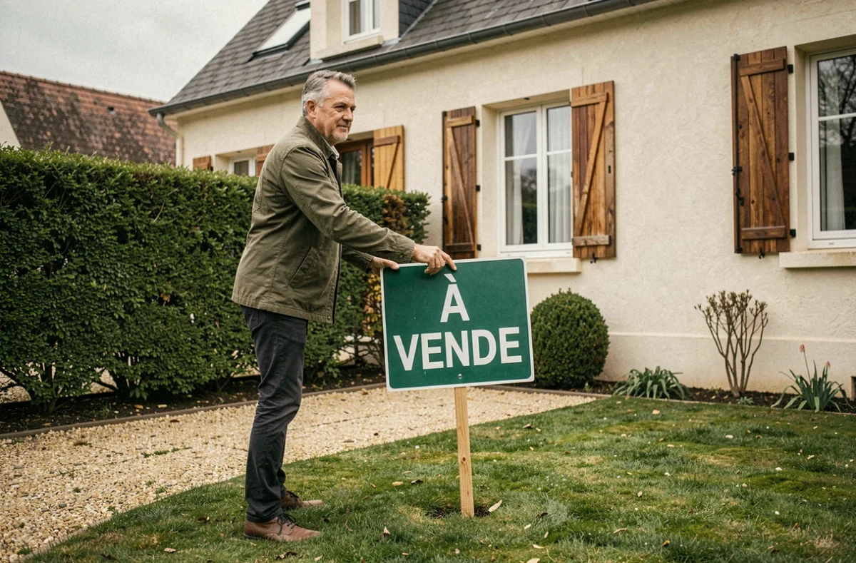 Homme plantant un panneau à vendre réutilisable devant une maison pavillonnaire française en zone résidentielle