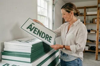 Femme rangeant des panneaux à vendre réutilisables en plastique recyclé dans un garage propre et organisé