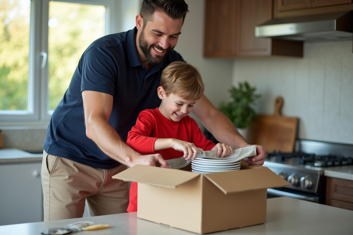 Père et fils emballant des objets dans la cuisine