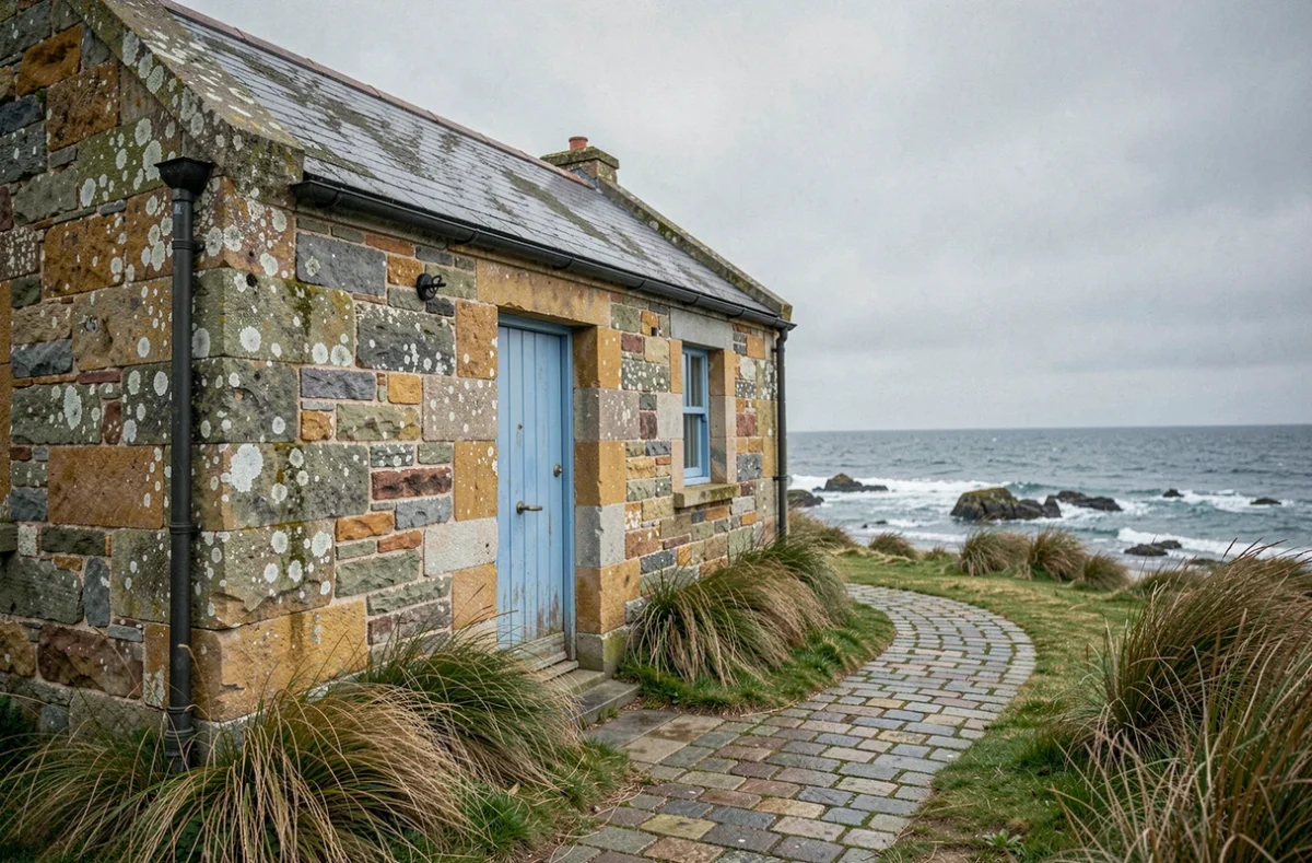 Petite maison de pêcheur en pierre bretonne à vendre au bord de mer, façade avec porte bleue et vue sur l'océan Atlantique