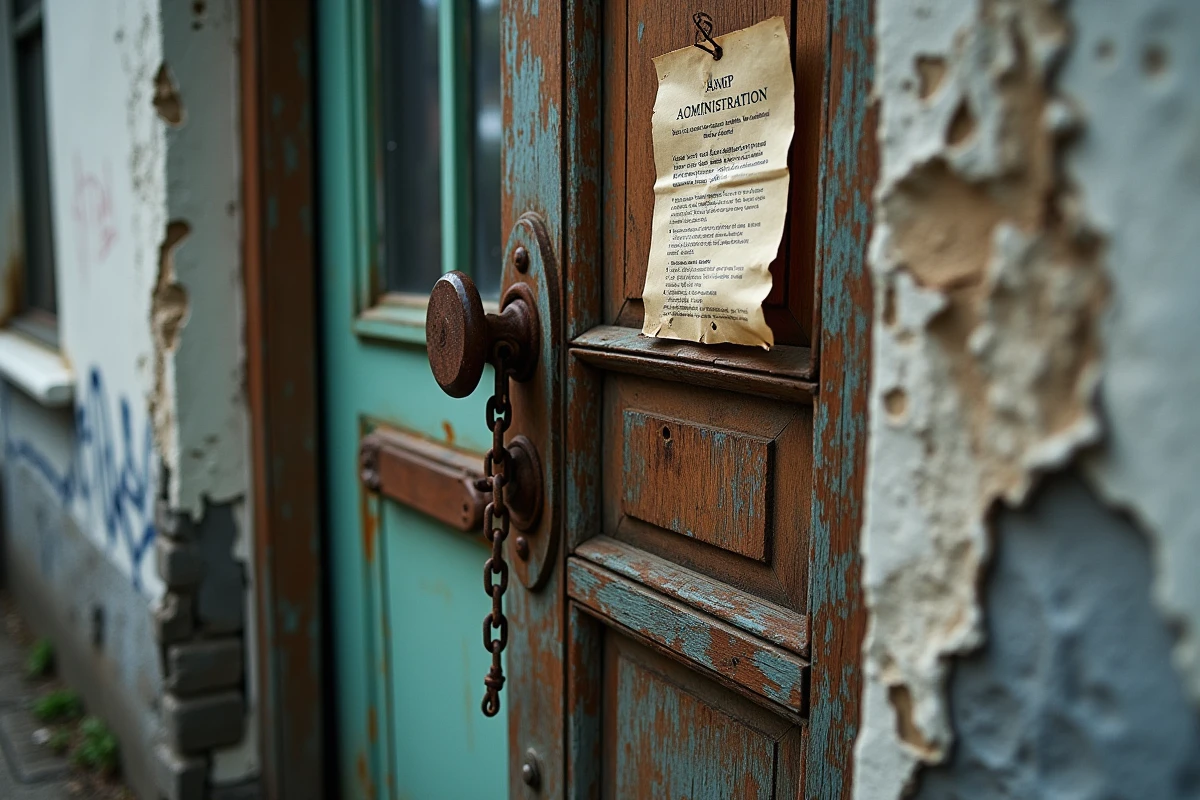 Porte d'entrée cadenassée d'une maison abandonnée avec avis administratif affichée évoquant les contraintes légales d'occupation illicite