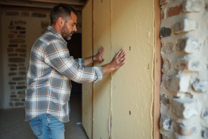 Homme appliquant des panneaux d'isolation dans une maison