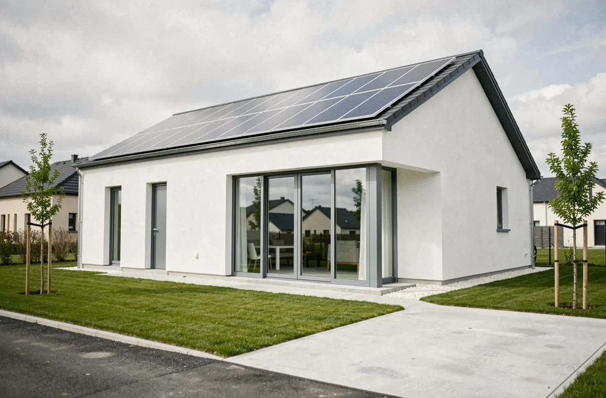 Maison contemporaine avec façade blanche et panneaux solaires, construction Primea dans la Vienne