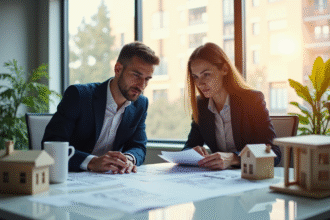 Deux professionnels discutent de documents financiers dans un bureau moderne