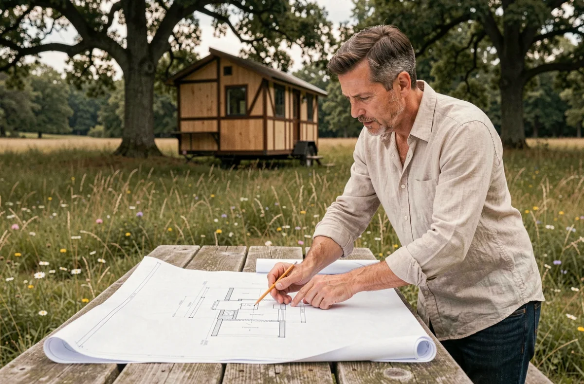 Homme étudiant les plans d'une tiny house sur terrain non constructible en milieu rural