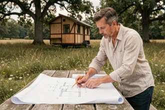 Homme étudiant les plans d'une tiny house sur terrain non constructible en milieu rural