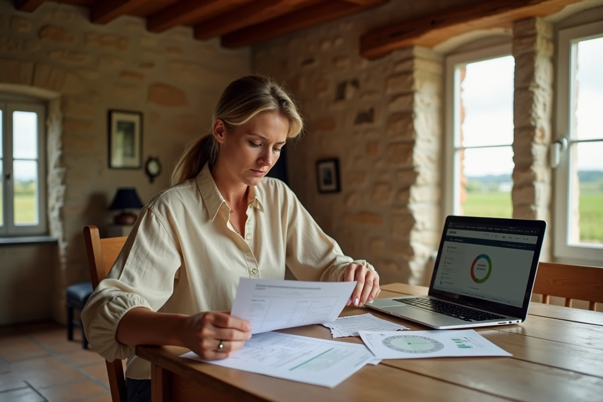 Propriétaire comparant deux diagnostics DPE sur une table en bois dans une maison en pierre française
