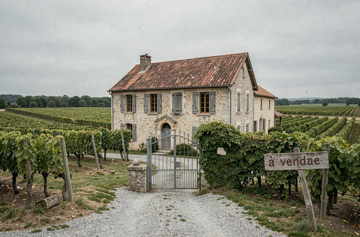 Propriété viticole bordelaise avec bâtiment en pierre à vendre entourée de vignes dans le Gironde