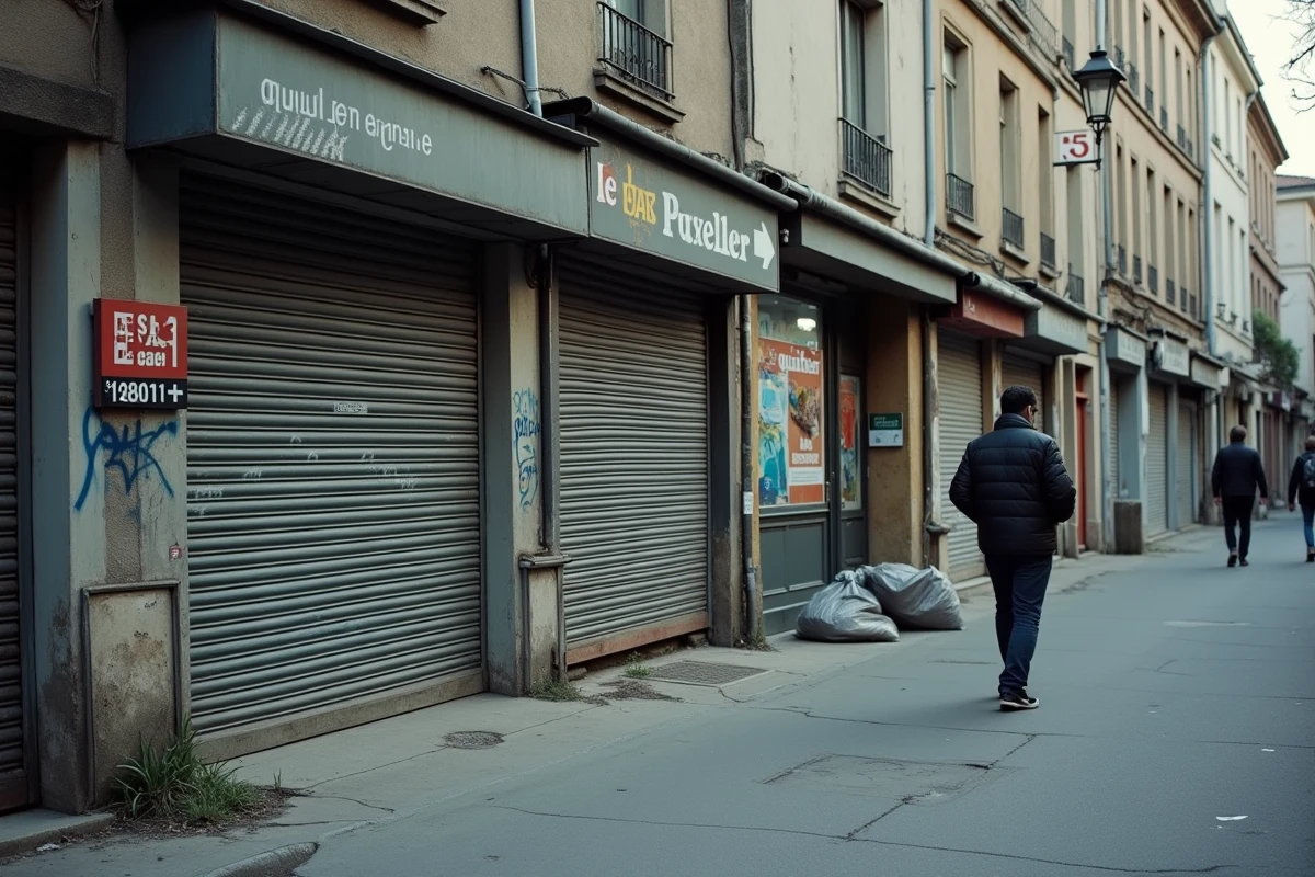 Rue urbaine dégradée avec commerces fermés et graffitis illustrant un quartier décrit comme 'en devenir'