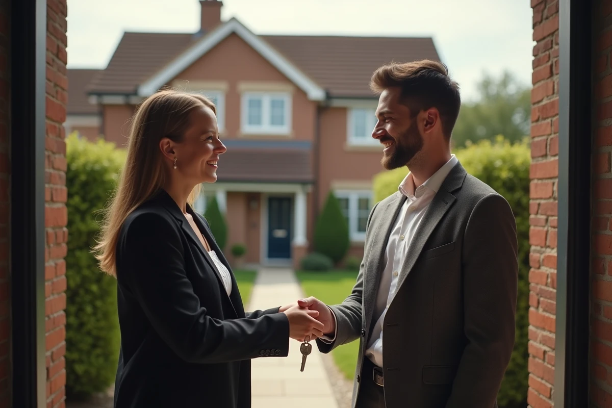 Femme remettant des clés de maison à un jeune homme devant une maison