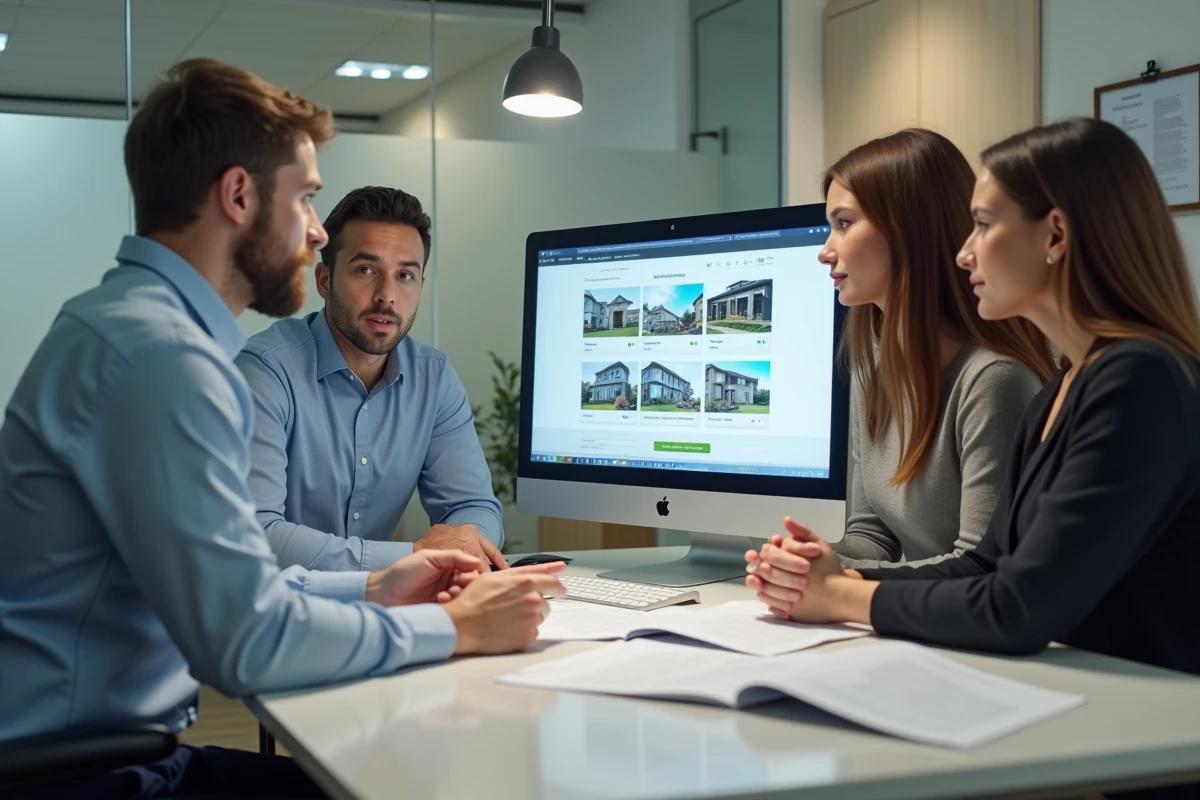 Couple en rendez-vous avec un agent immobilier pour comparer les offres de location