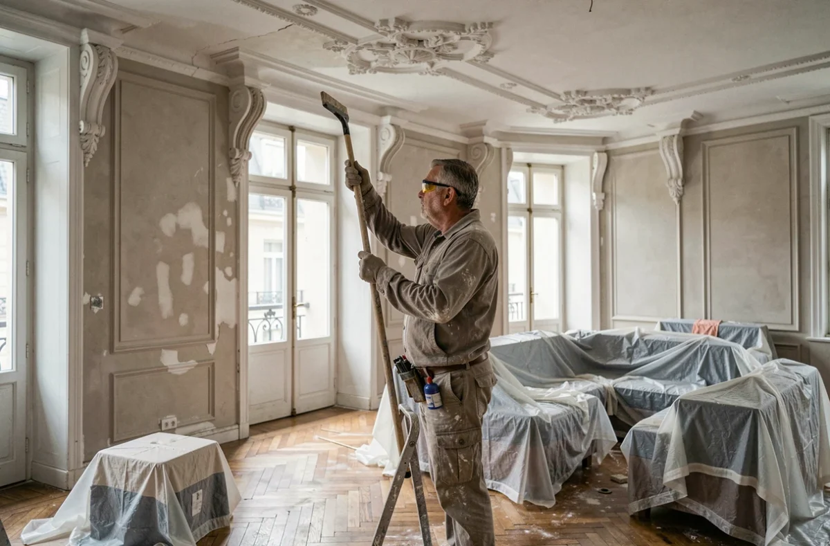 Artisan rénovant une corniche haussmannienne dans un appartement occupé avec meubles protégés sous bâches