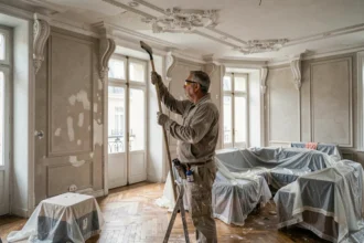 Artisan rénovant une corniche haussmannienne dans un appartement occupé avec meubles protégés sous bâches