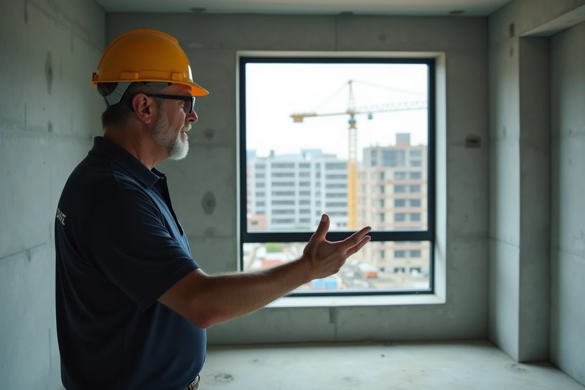 Responsable de chantier dans un appartement en cours de construction avec vue sur le site des Nouveaux Constructeurs