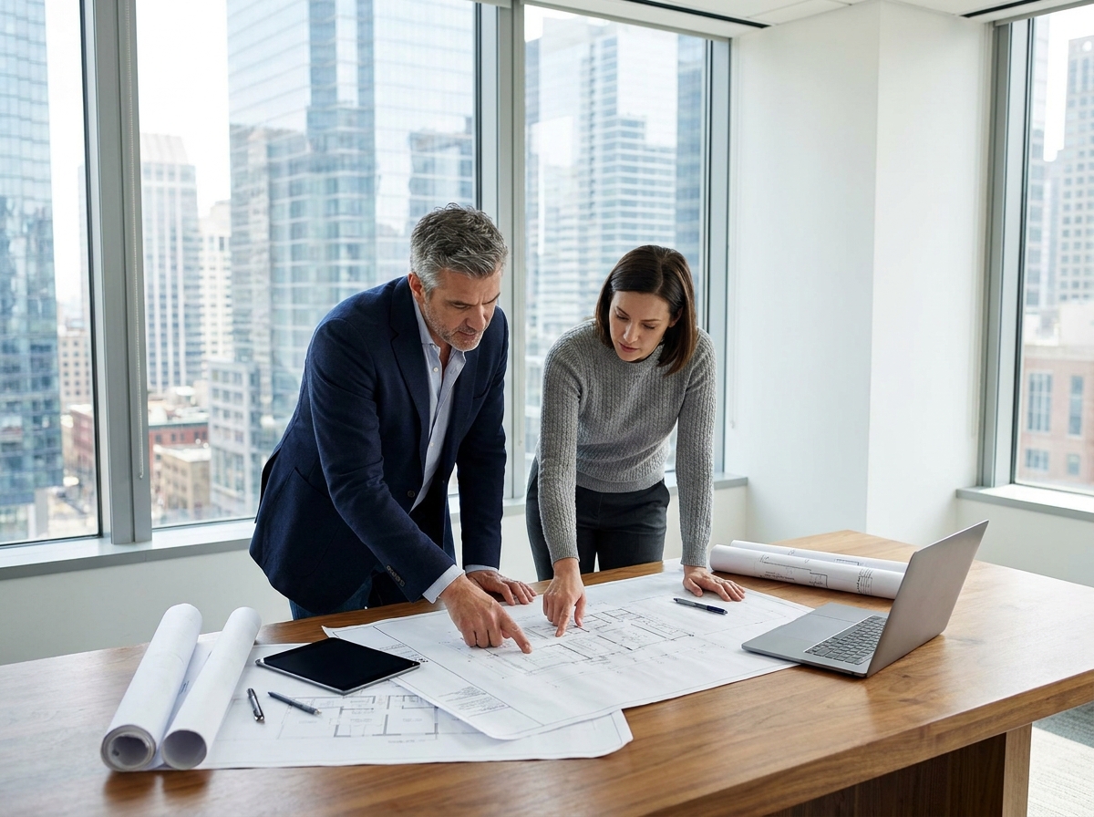 Gestionnaire immobilier et ingénieure analysant des plans techniques d'un actif immobilier professionnel en salle de réunion