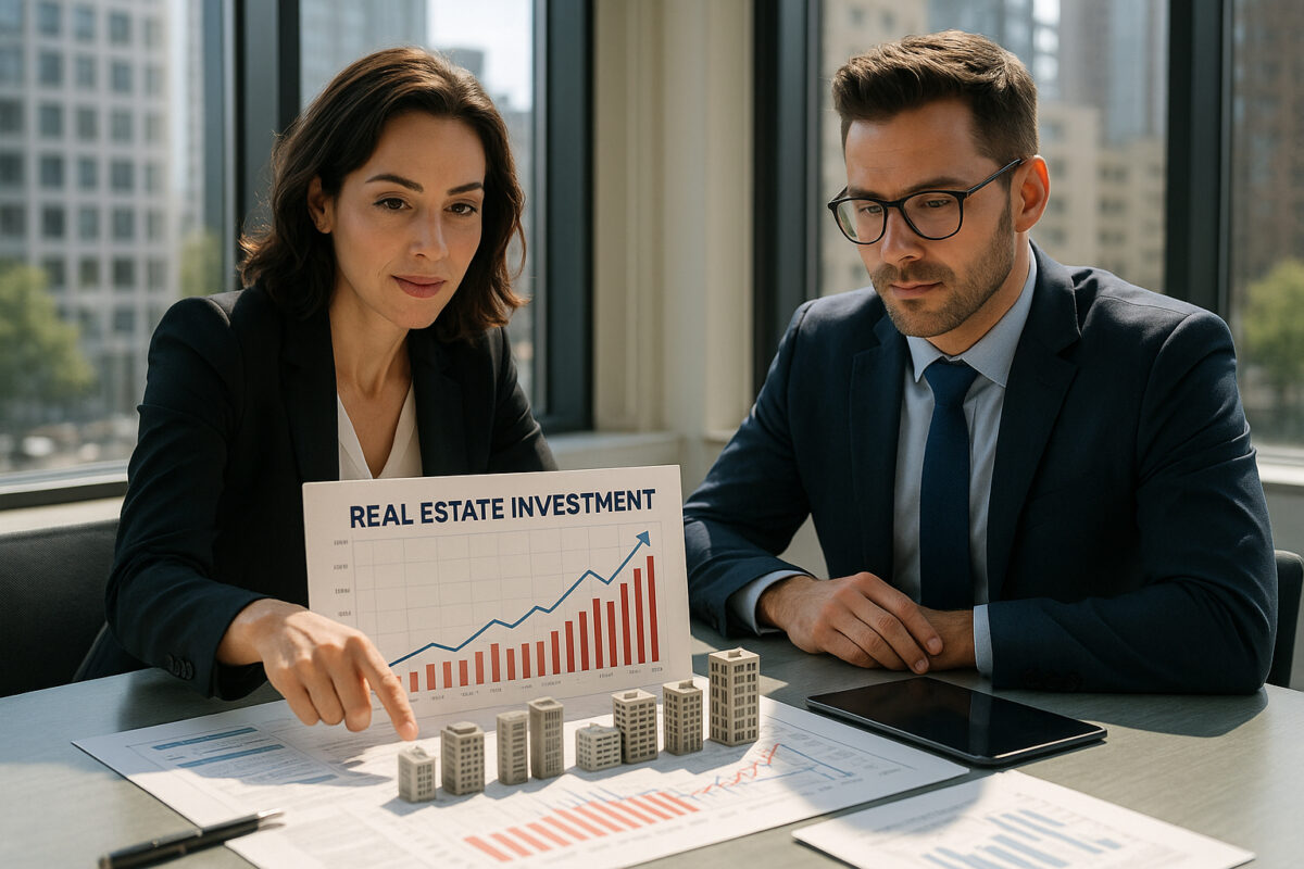 Photo d'une femme et un homme d'affaires confiants analysant un graphique immobilier