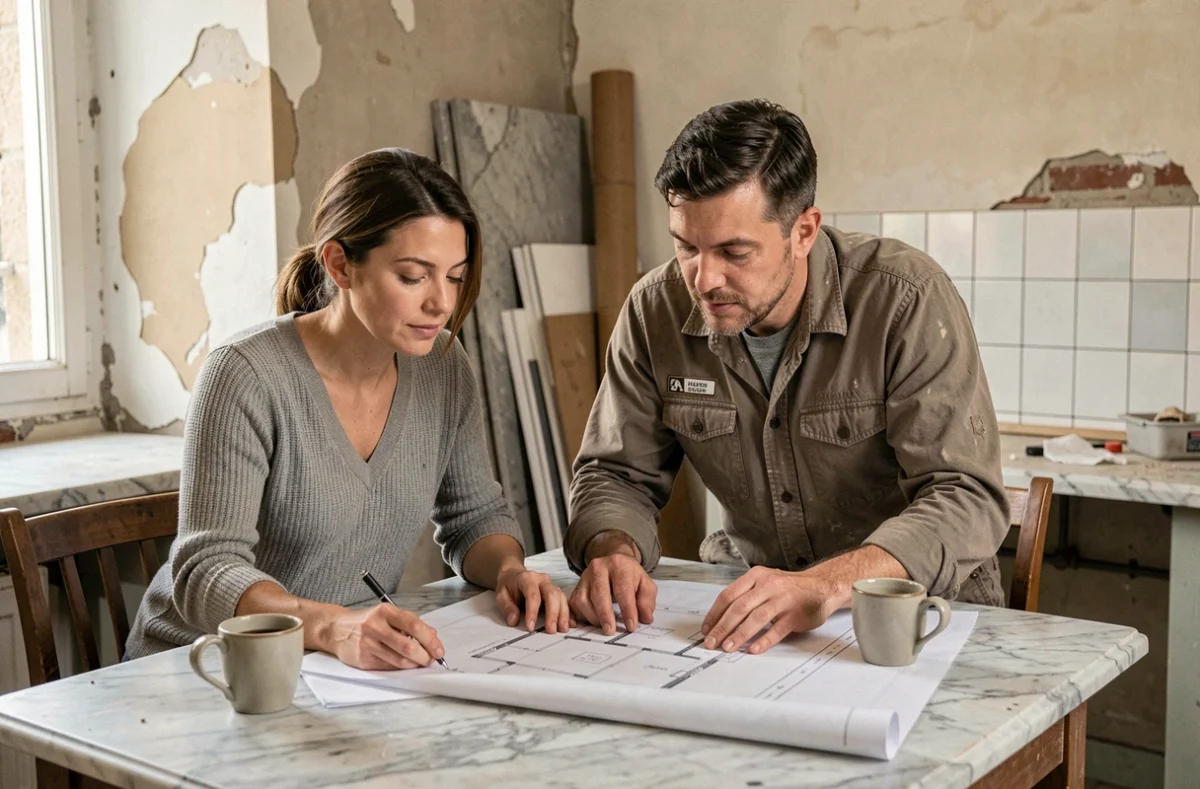 Propriétaire et entrepreneur examinant des plans de rénovation dans une cuisine haussmannienne en cours de travaux
