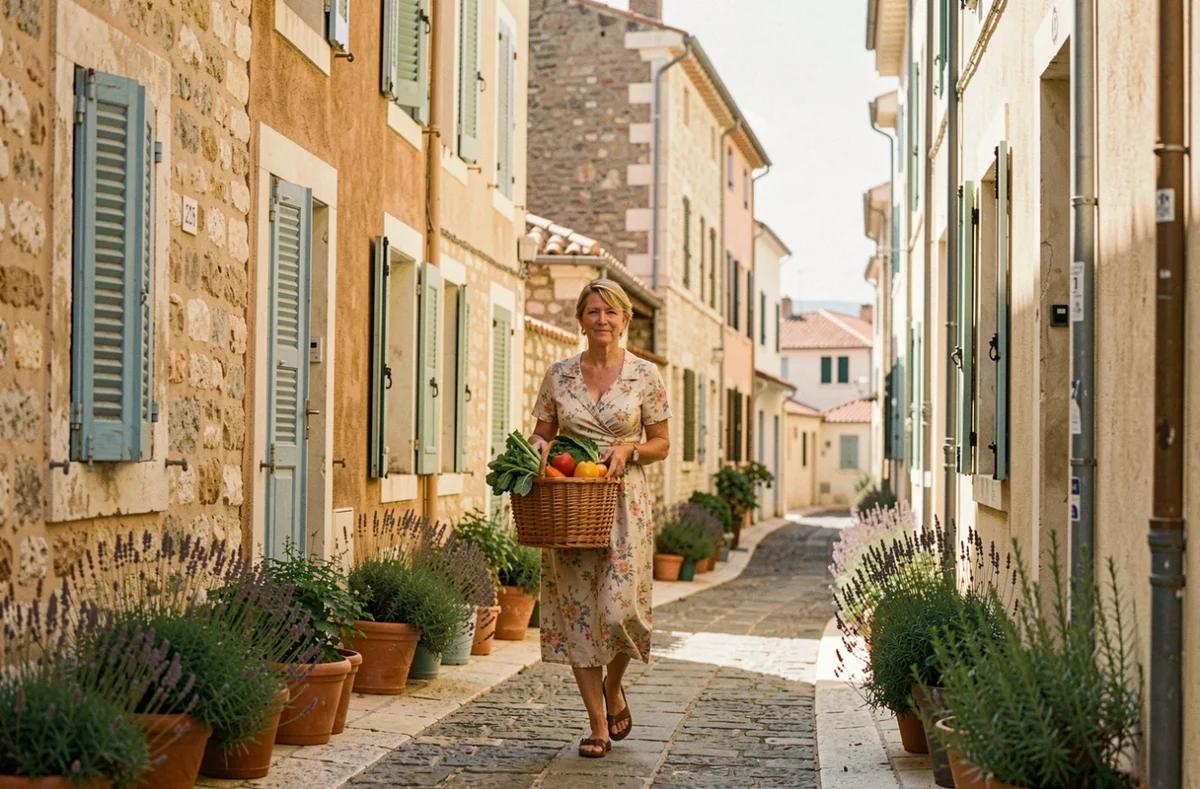 Femme se promenant dans une rue étroite et pittoresque des quartiers sud de Marseille avec des façades calcaires et des volets colorés